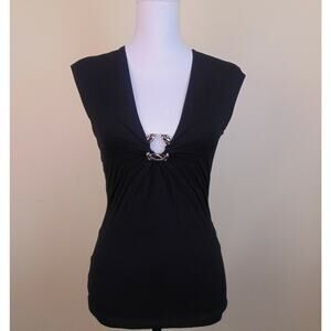 NWT ROBERTO CAVALLI BLACK NYLON JEWELED CRYSTALS SLEEVELESS DRESS TOP 44 ITALY